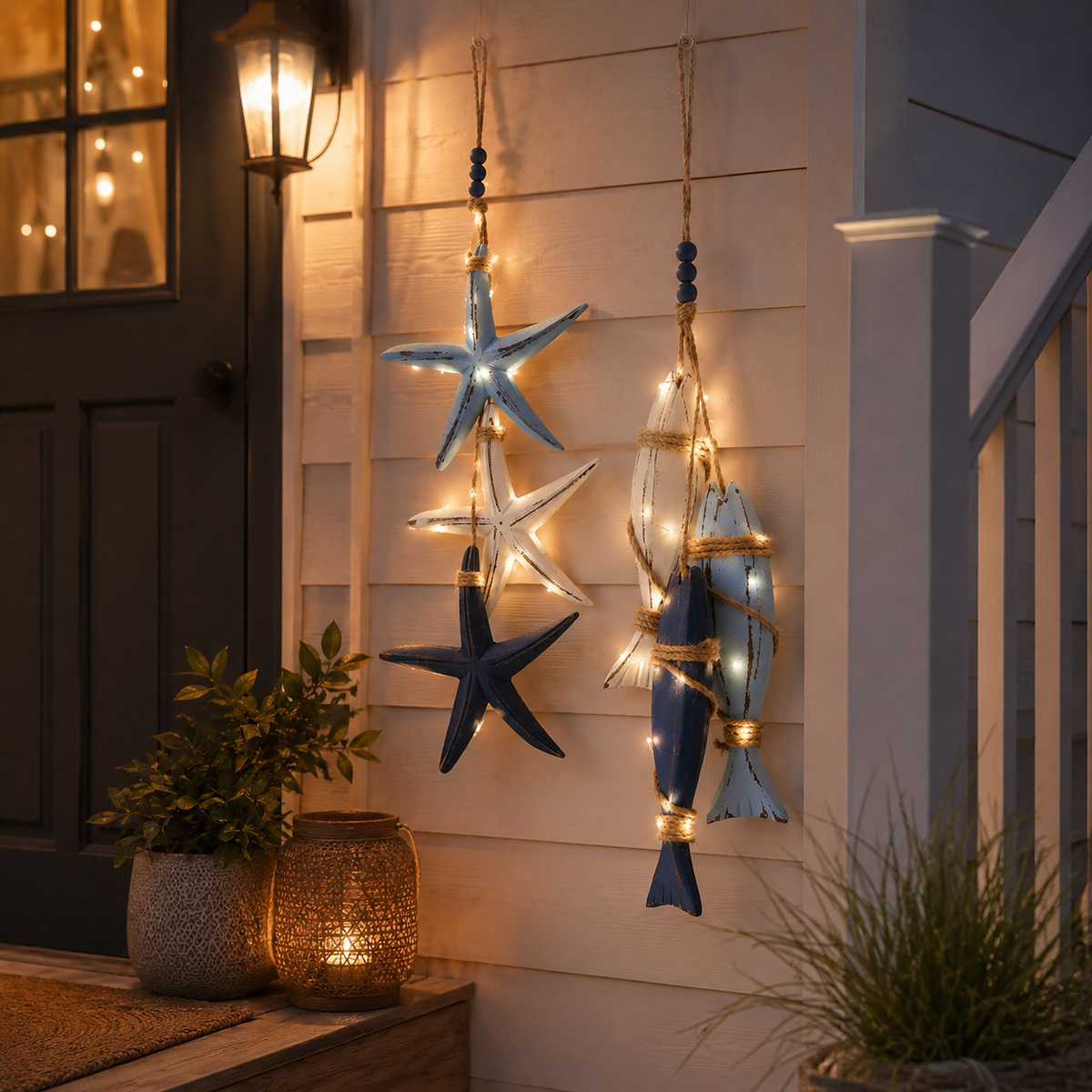 23.2 in × 6.7 in Lighted Coastal Wooden Starfish & Fish Hanging Decor