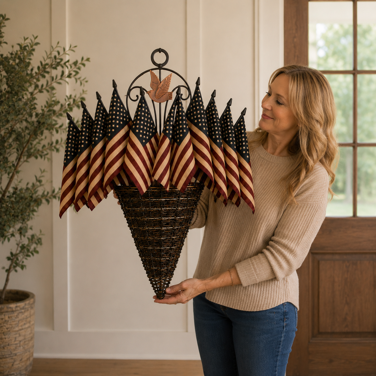 Vintage Patriotic Flag Basket Door Hanger