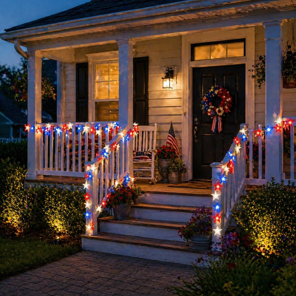 Red, White & Blue Star Solar String Lights