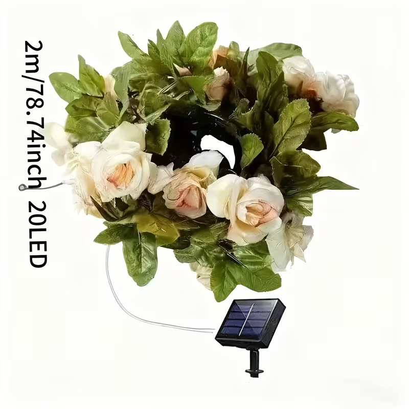 Solar LED Artificial Rose Vine String Lights for Outdoor Garden & Patio Decor