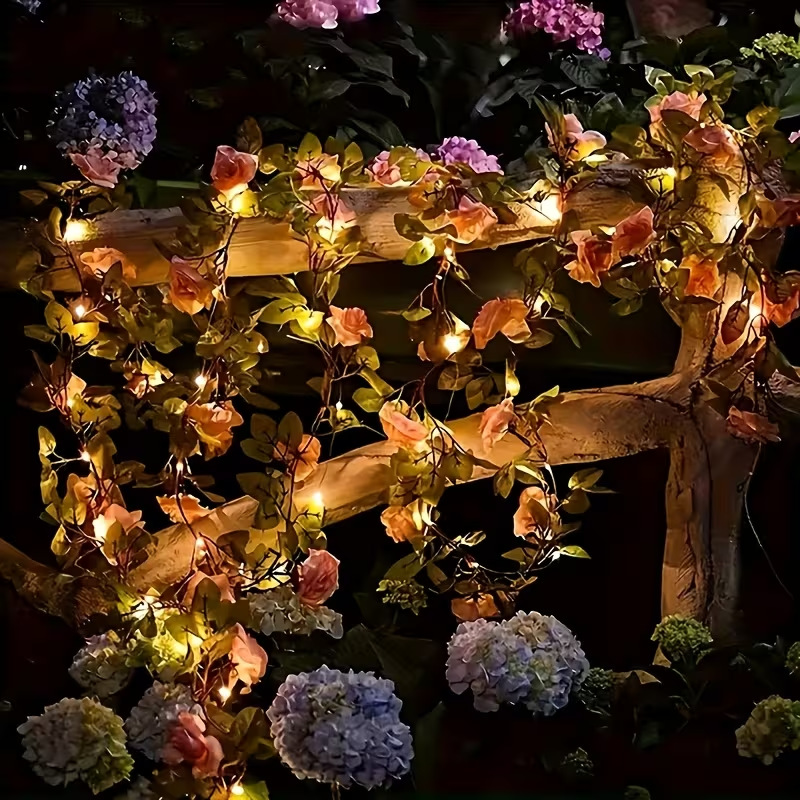 Solar LED Artificial Rose Vine String Lights for Outdoor Garden & Patio Decor