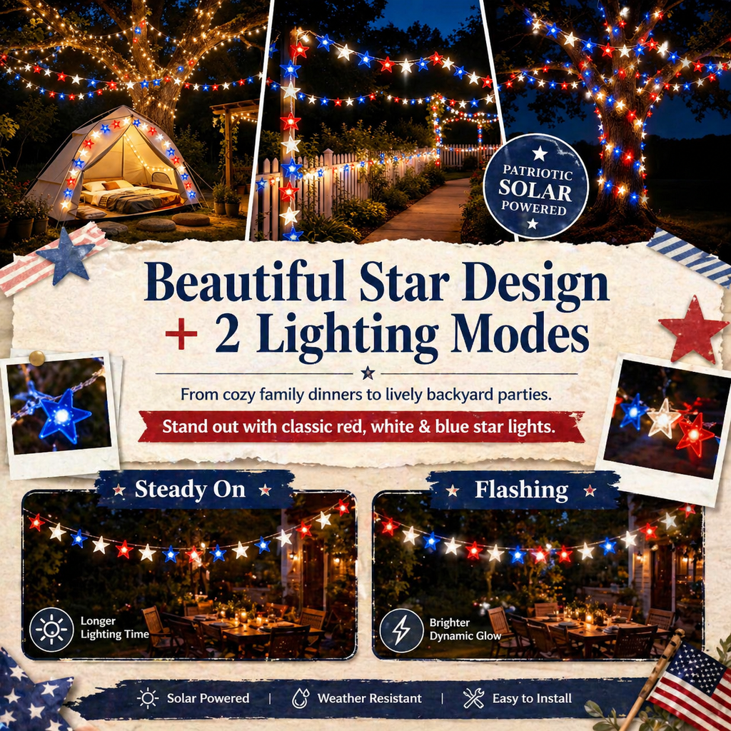 Red, White & Blue Star Solar String Lights