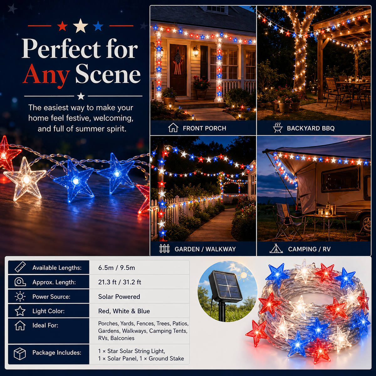 Red, White & Blue Star Solar String Lights