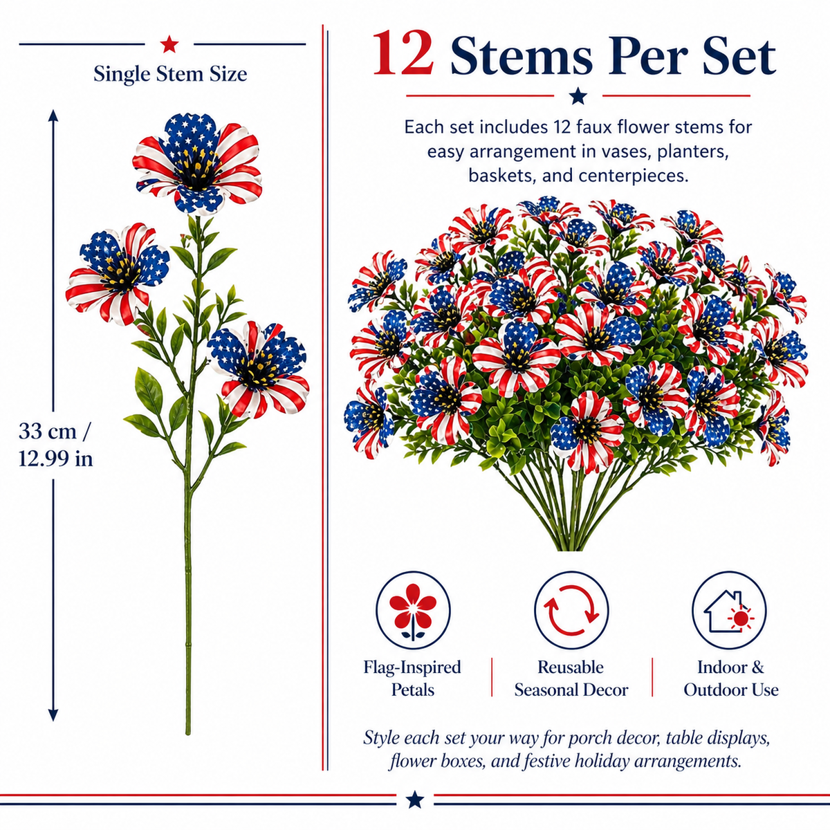 American Flag Faux Flower Bouquet - 12 Pcs