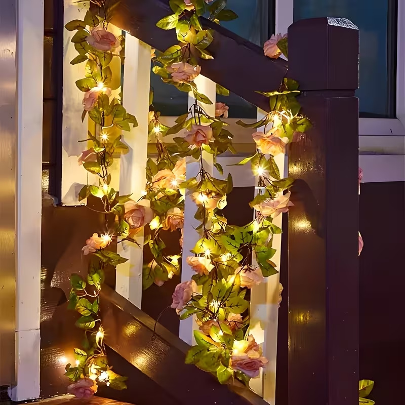 Solar LED Artificial Rose Vine String Lights for Outdoor Garden & Patio Decor