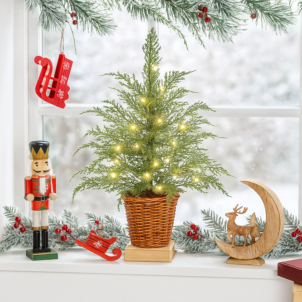 24" Pre-Lit Cypress Christmas Tree with Warm White Twinkle LEDs in Basket