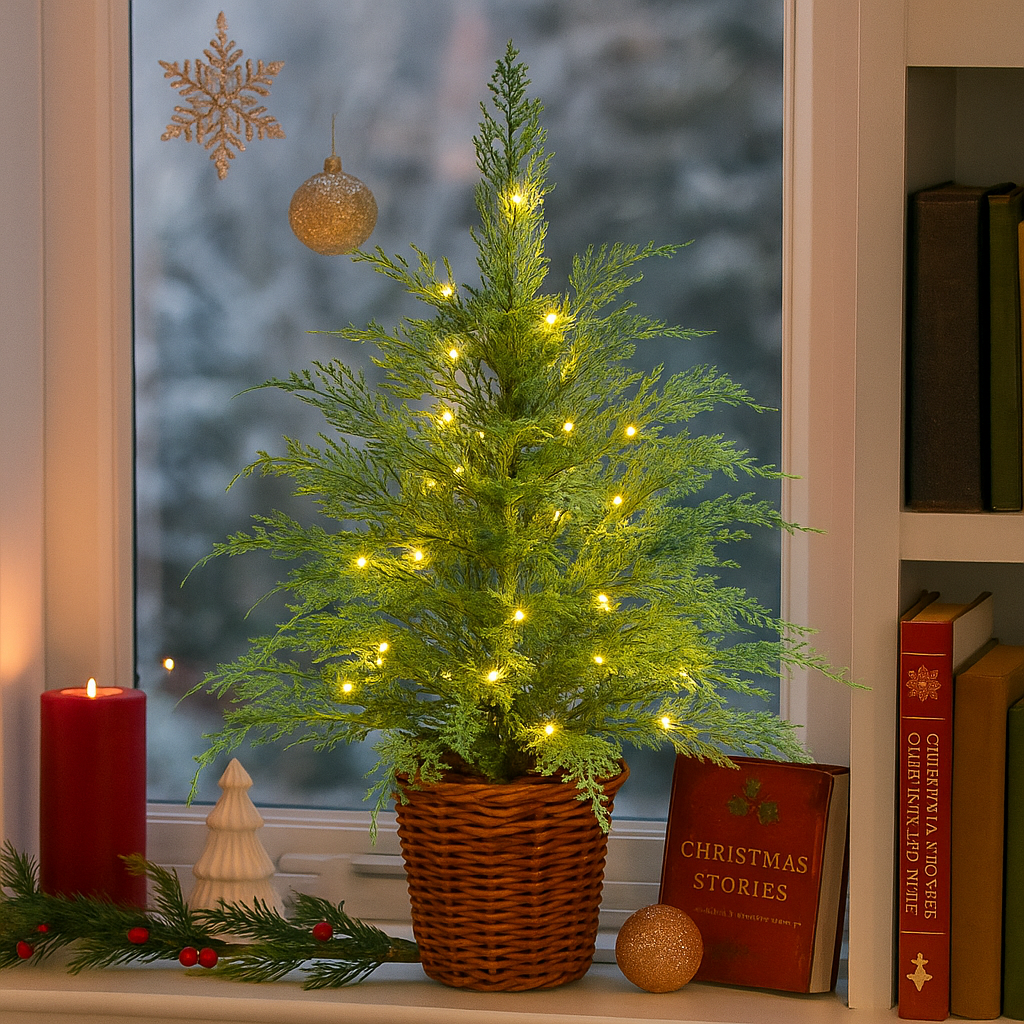 24" Pre-Lit Cypress Christmas Tree with Warm White Twinkle LEDs in Basket