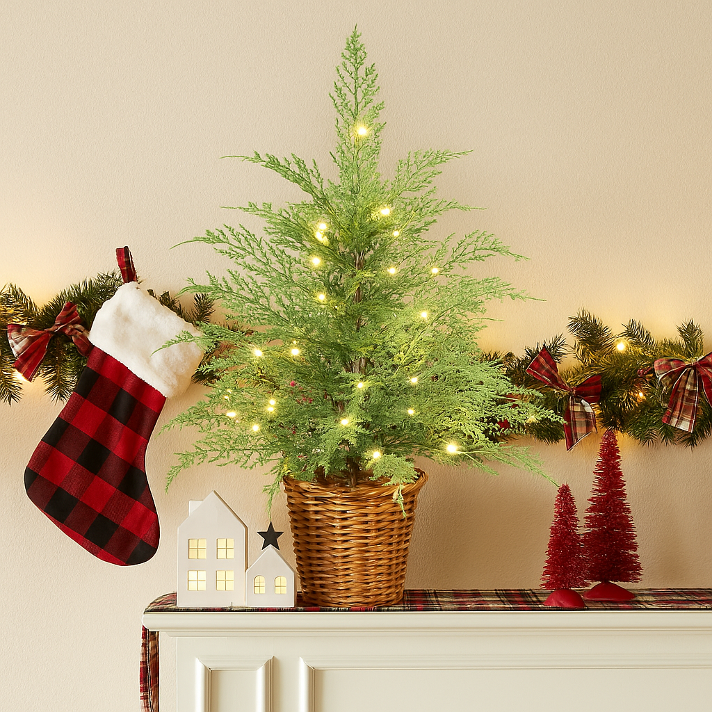 24" Pre-Lit Cypress Christmas Tree with Warm White Twinkle LEDs in Basket