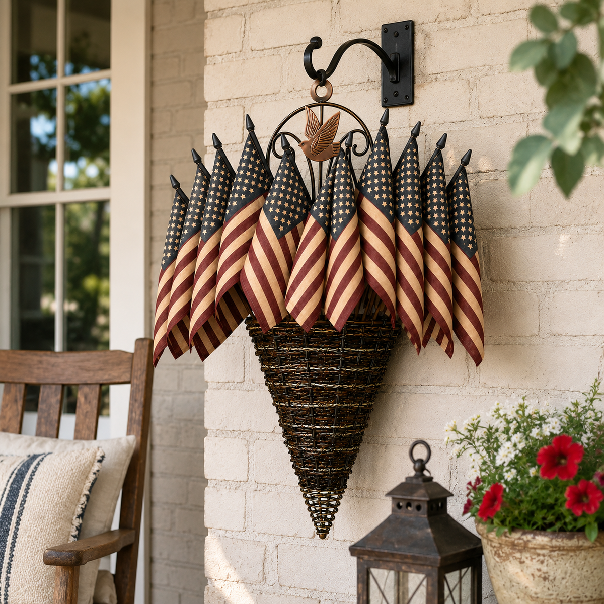 Vintage Patriotic Flag Basket Door Hanger