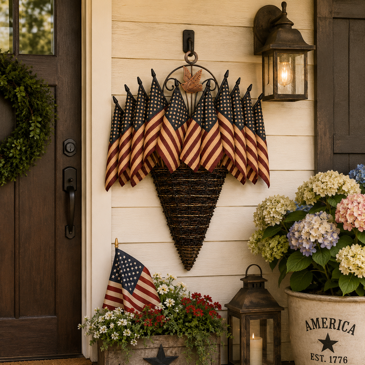 Vintage Patriotic Flag Basket Door Hanger