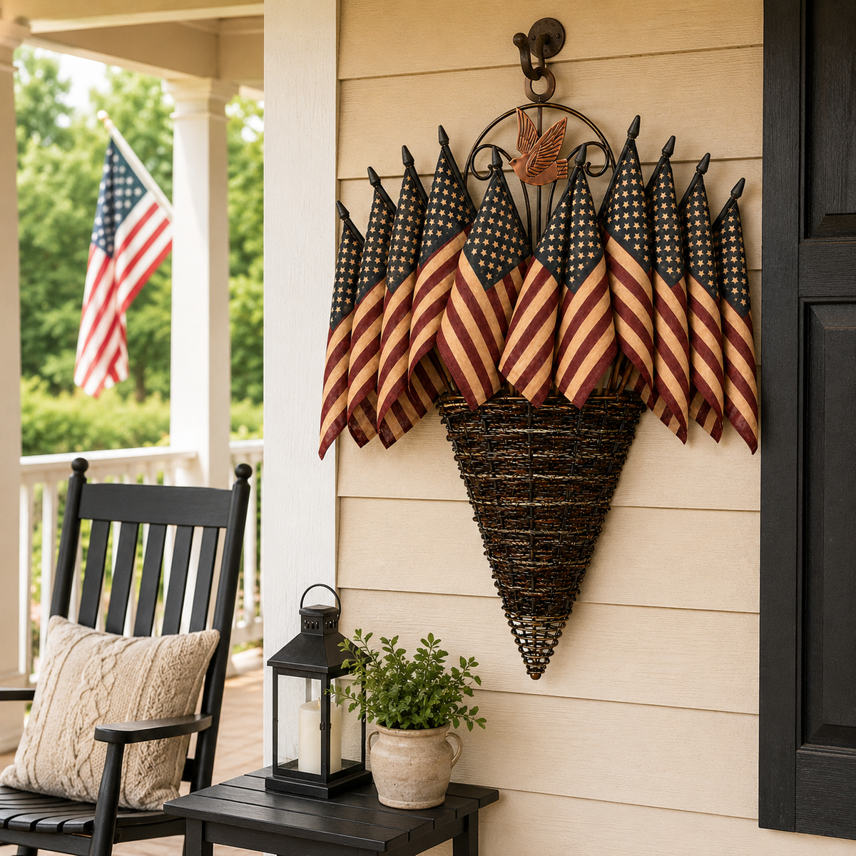 Vintage Patriotic Flag Basket Door Hanger