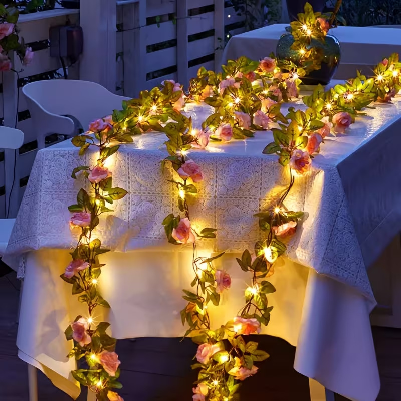 Solar LED Artificial Rose Vine String Lights for Outdoor Garden & Patio Decor