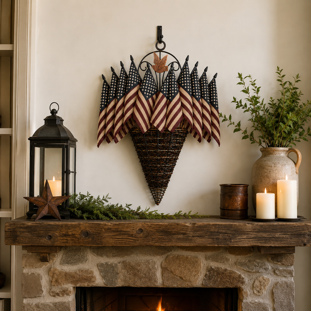Vintage Patriotic Flag Basket Door Hanger