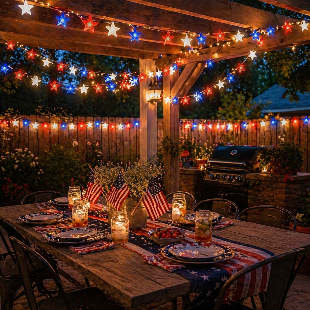 Red, White & Blue Star Solar String Lights