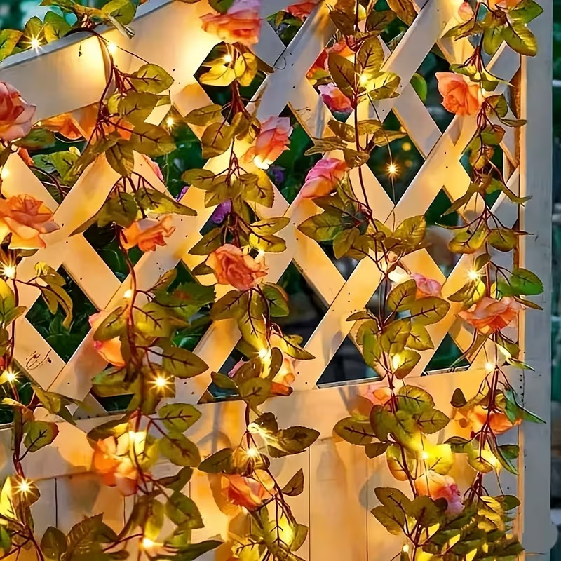 Solar LED Artificial Rose Vine String Lights for Outdoor Garden & Patio Decor