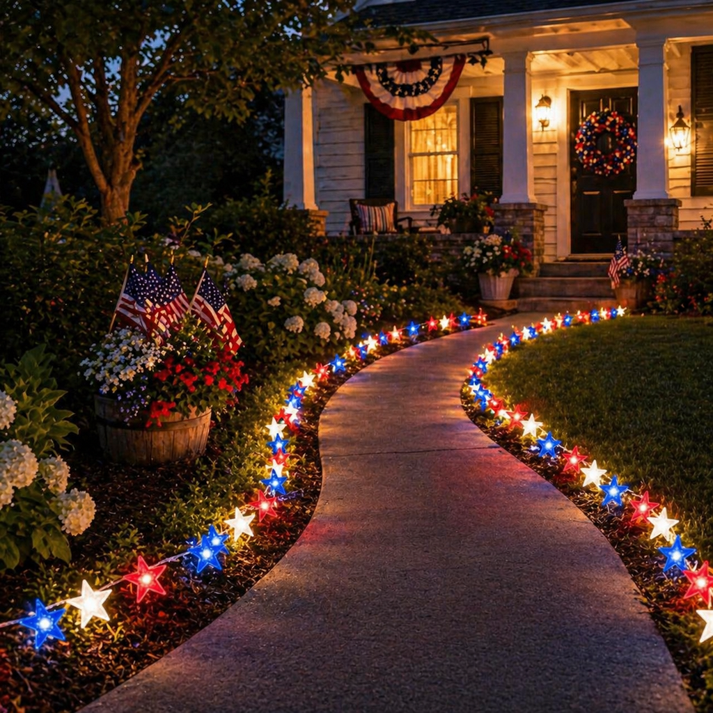 Red, White & Blue Star Solar String Lights