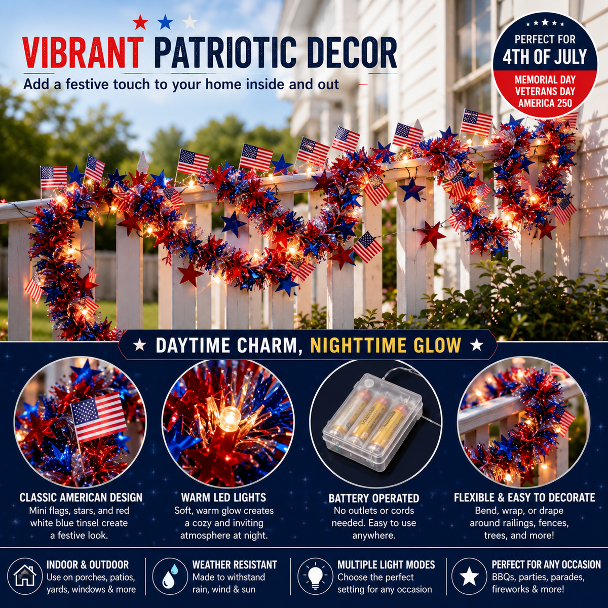 American Flag & Star Red White Blue Fairy Lights