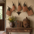 Five Tea-Stained Flags In A Rustic Cast Iron Wall Display