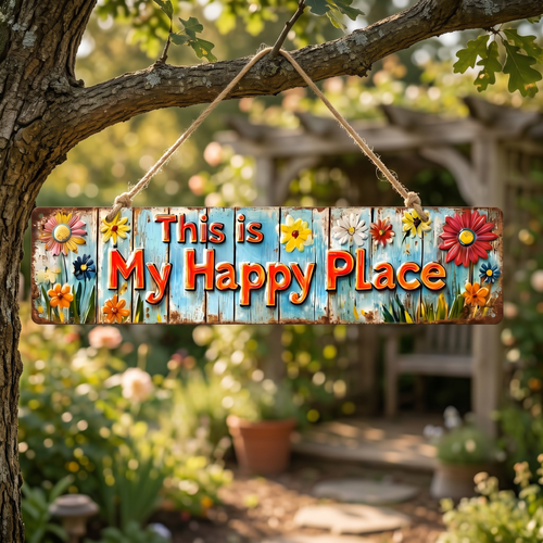 "This Is My Happy Place" Metal Sign With Vibrant Floral Pattern