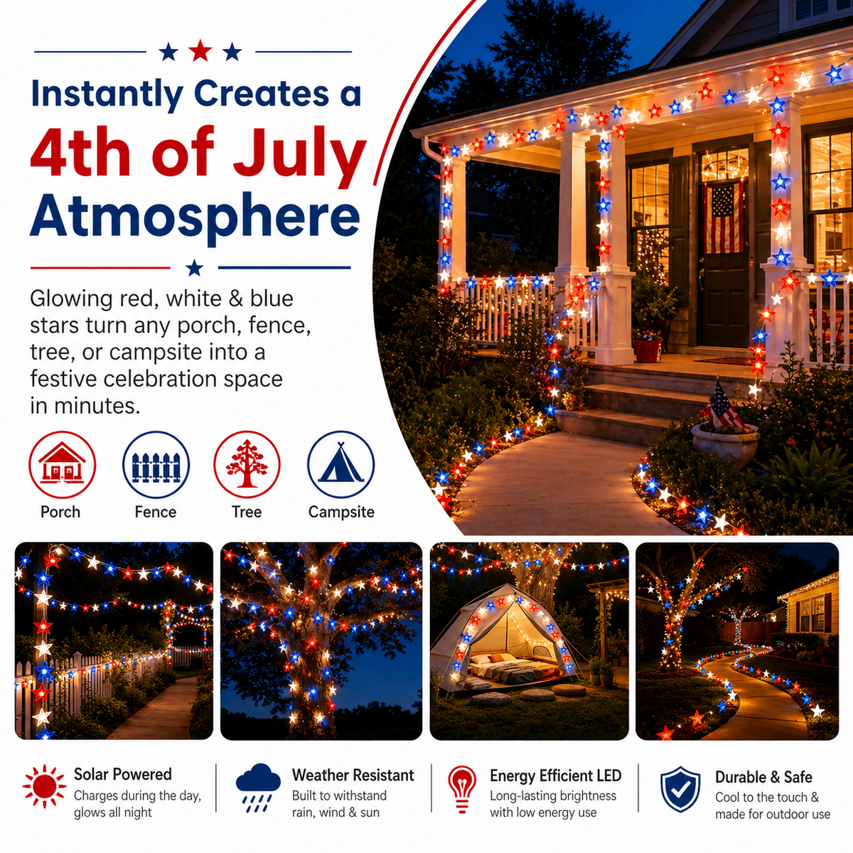 Red, White & Blue Star Solar String Lights