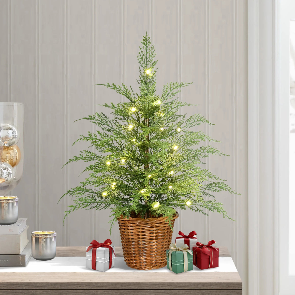24" Pre-Lit Cypress Christmas Tree with Warm White Twinkle LEDs in Basket
