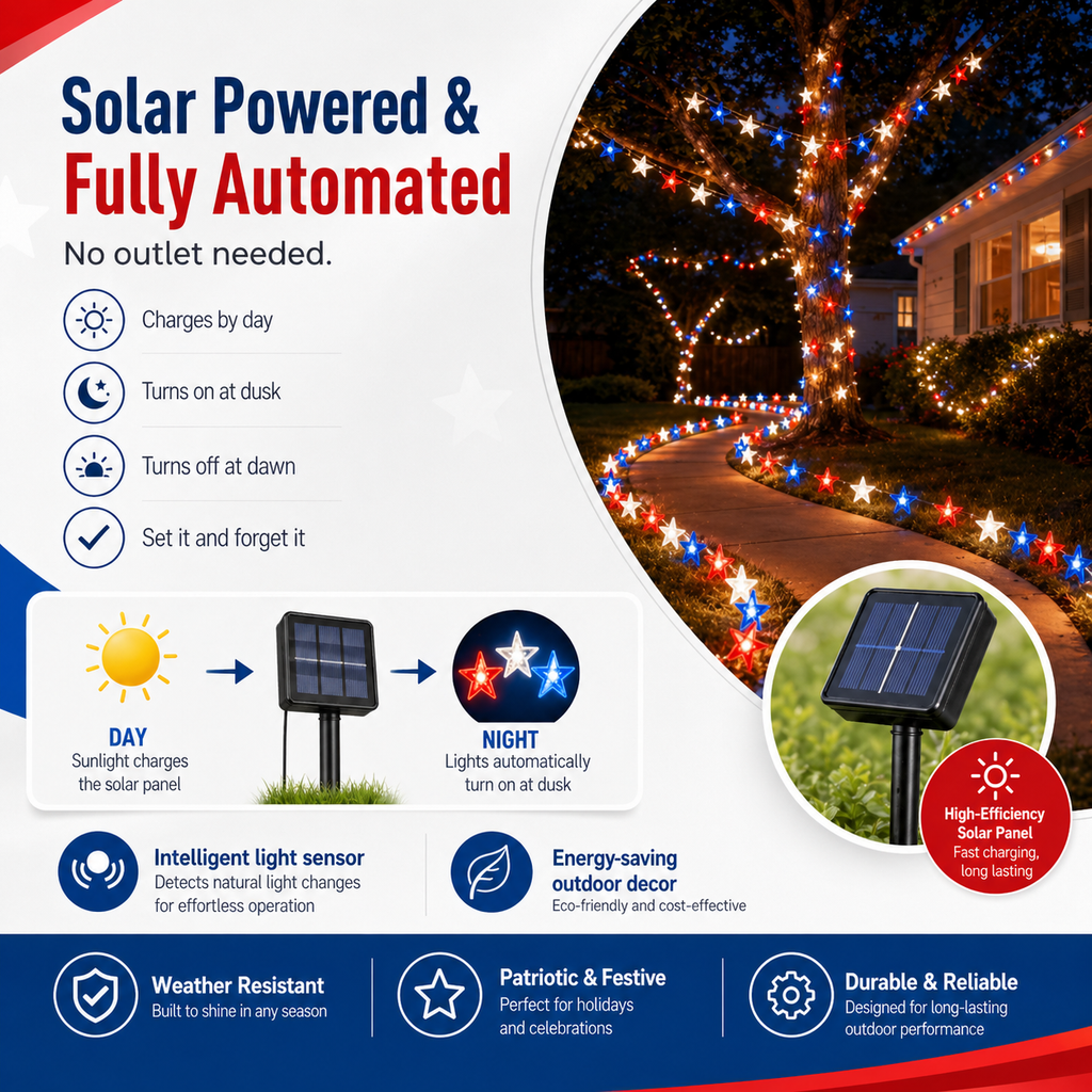 Red, White & Blue Star Solar String Lights
