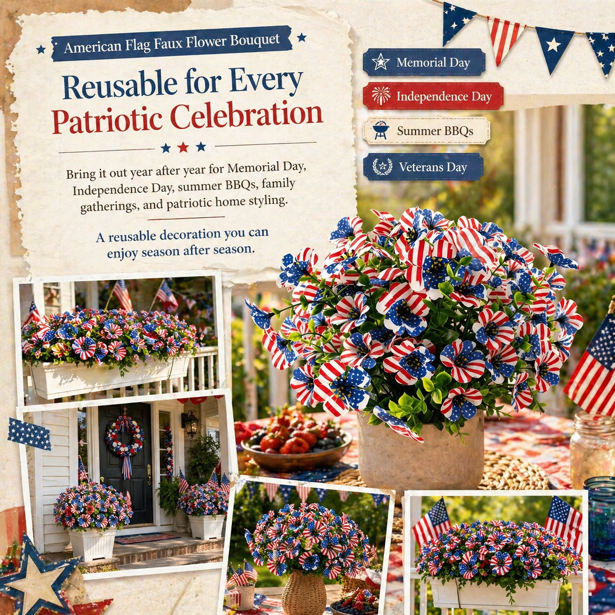 American Flag Faux Flower Bouquet - 12 Pcs