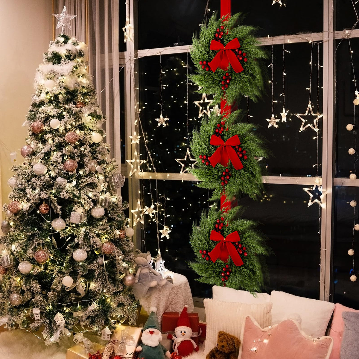 3-Tier Artificial Cedar Christmas Wreath with Red Velvet Bows