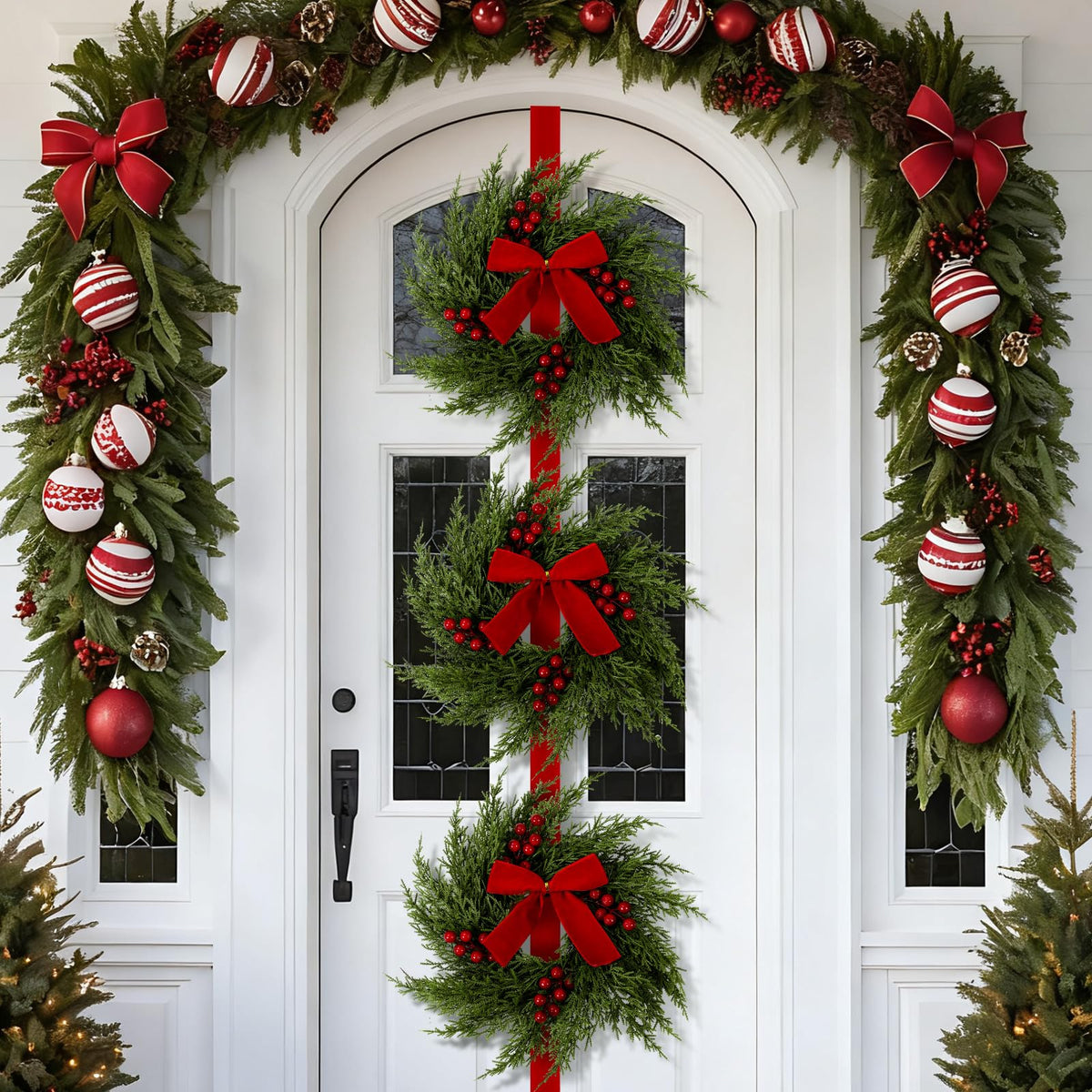 3-Tier Artificial Cedar Christmas Wreath with Red Velvet Bows
