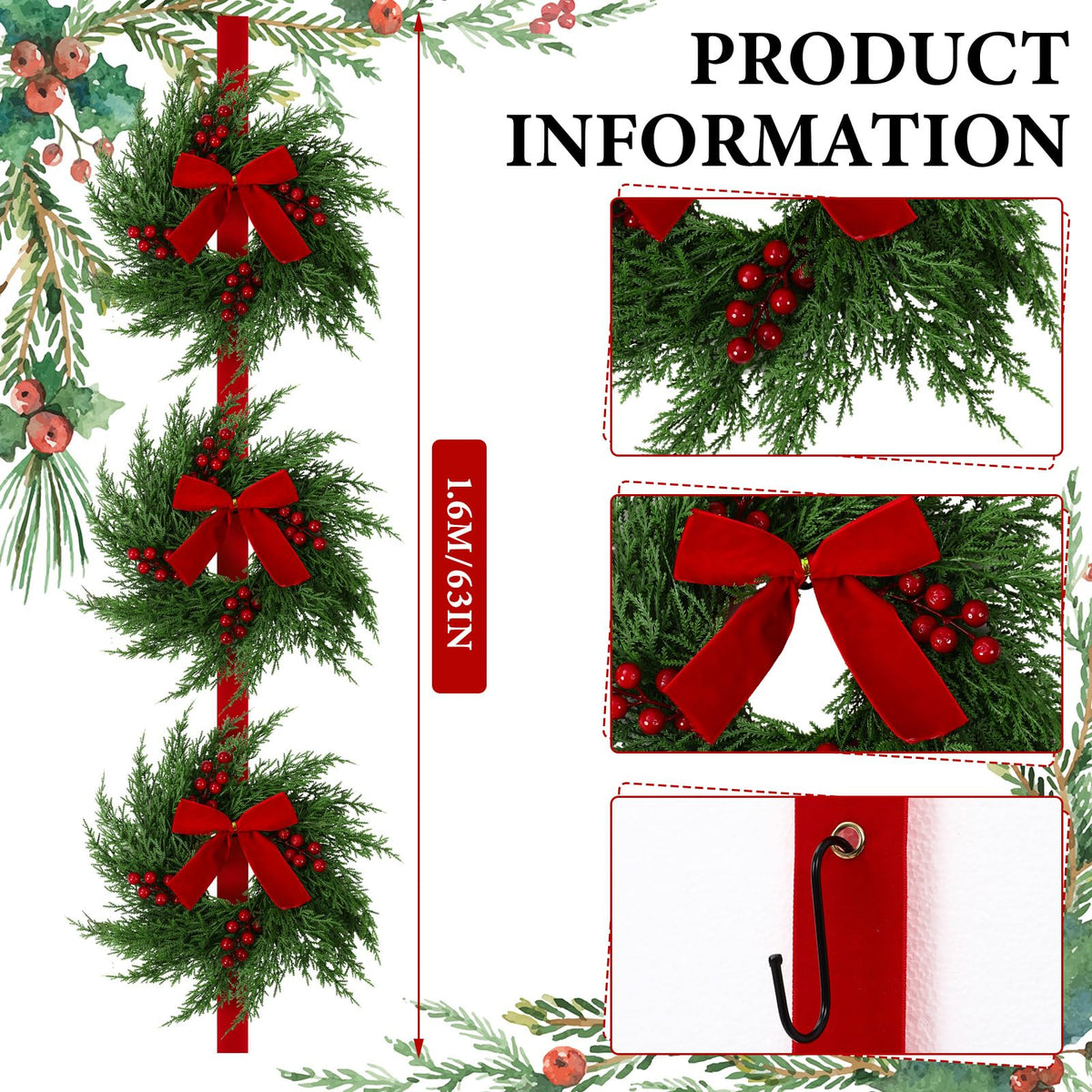 3-Tier Artificial Cedar Christmas Wreath with Red Velvet Bows