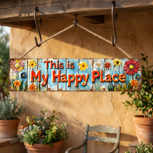 "This Is My Happy Place" Metal Sign With Vibrant Floral Pattern