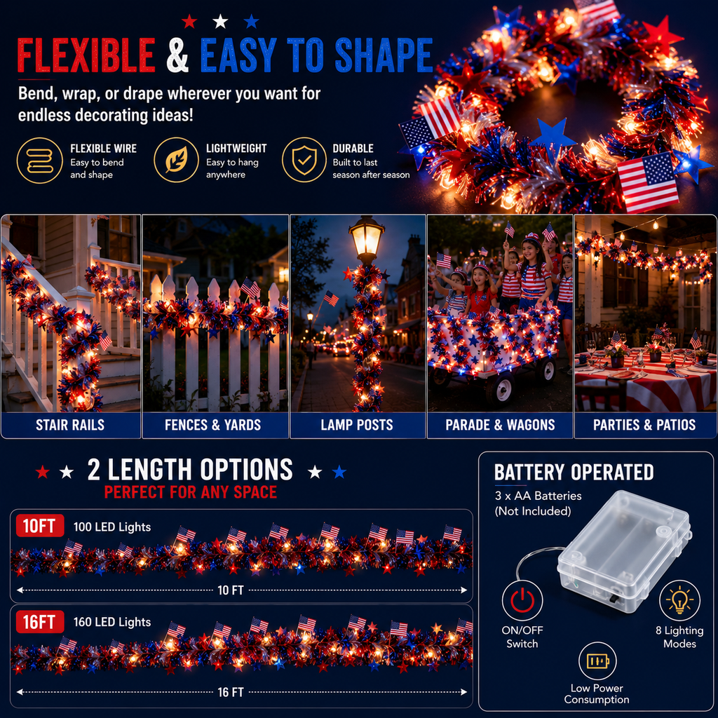 American Flag & Star Red White Blue Fairy Lights