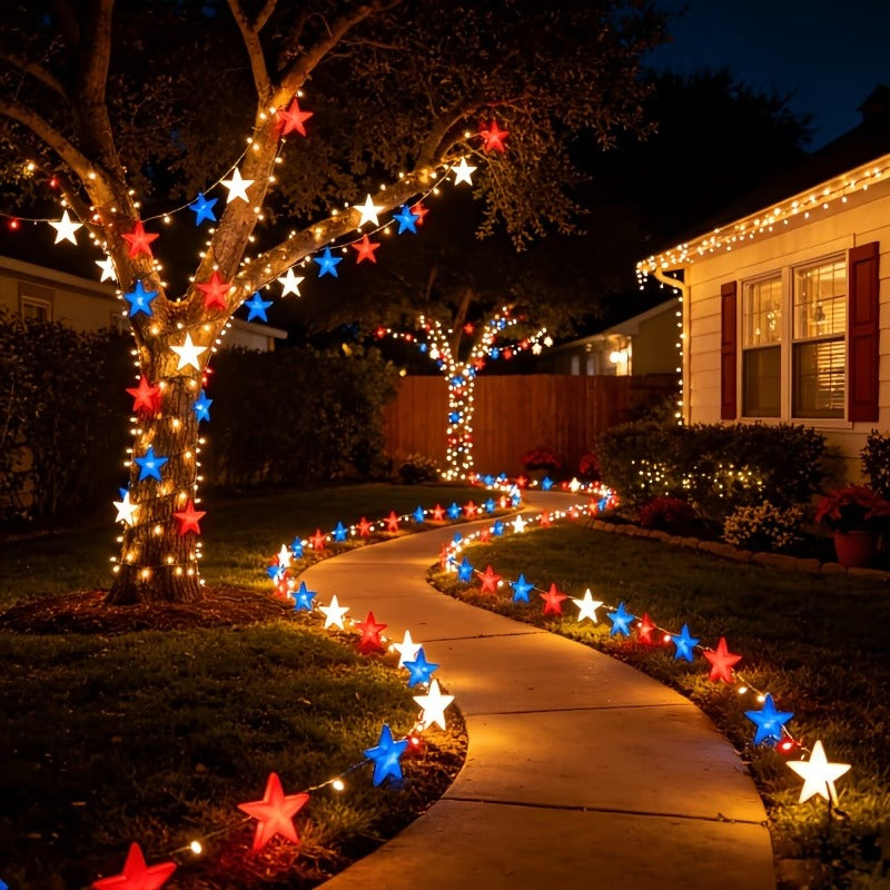 Red, White & Blue Star Solar String Lights