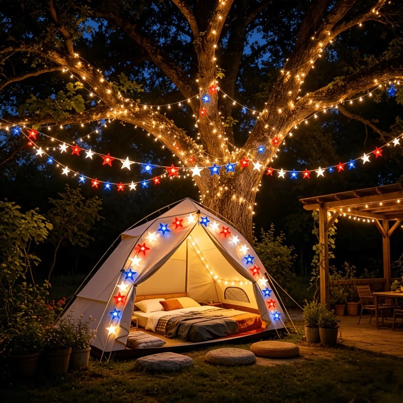 Red, White & Blue Star Solar String Lights