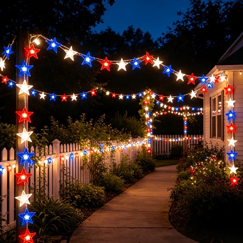 Red, White & Blue Star Solar String Lights