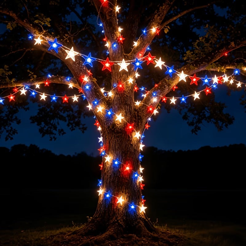 Red, White & Blue Star Solar String Lights