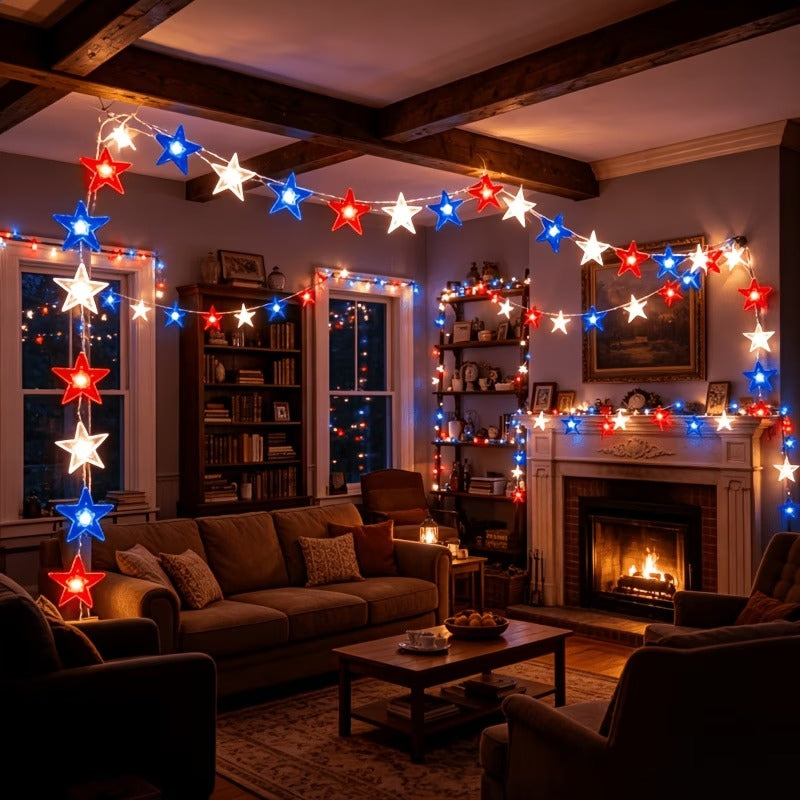 Red, White & Blue Star Solar String Lights