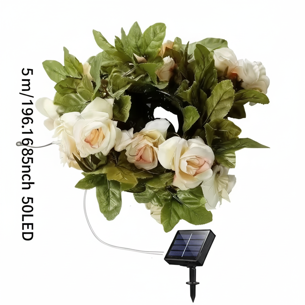 Solar LED Artificial Rose Vine String Lights for Outdoor Garden & Patio Decor